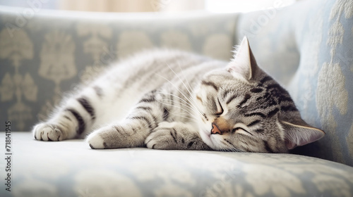 American shorthair cat sleeping on a couch in living room