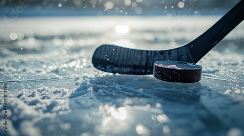 Hockey stick and rubber puck on an icy background with shallow depth of field