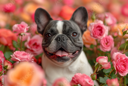 Portrait of face of cute funny smiling french bulldog dog peeking out from pink roses