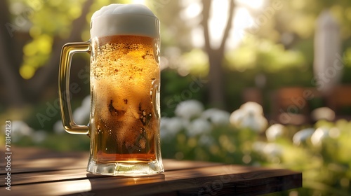 glass of beer on wooden table, a tall and frosty glass of traditional German beer, showcasing a golden hue and a frothy head, served in a beer garden setting photo