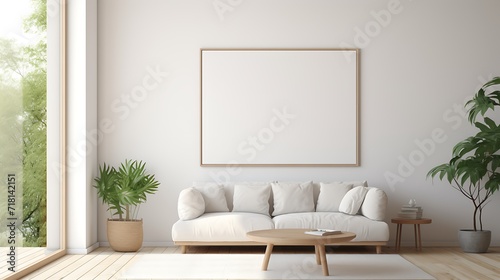 Minimalist living room showcasing a panoramic window and a single Mockup poster blank frame