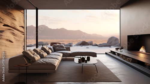 Minimalist living room showcasing a panoramic window and a single frame © inaamart