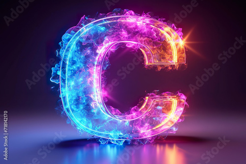 Letter C - colorful glowing outline alphabet symbol on blue lens flare dark background