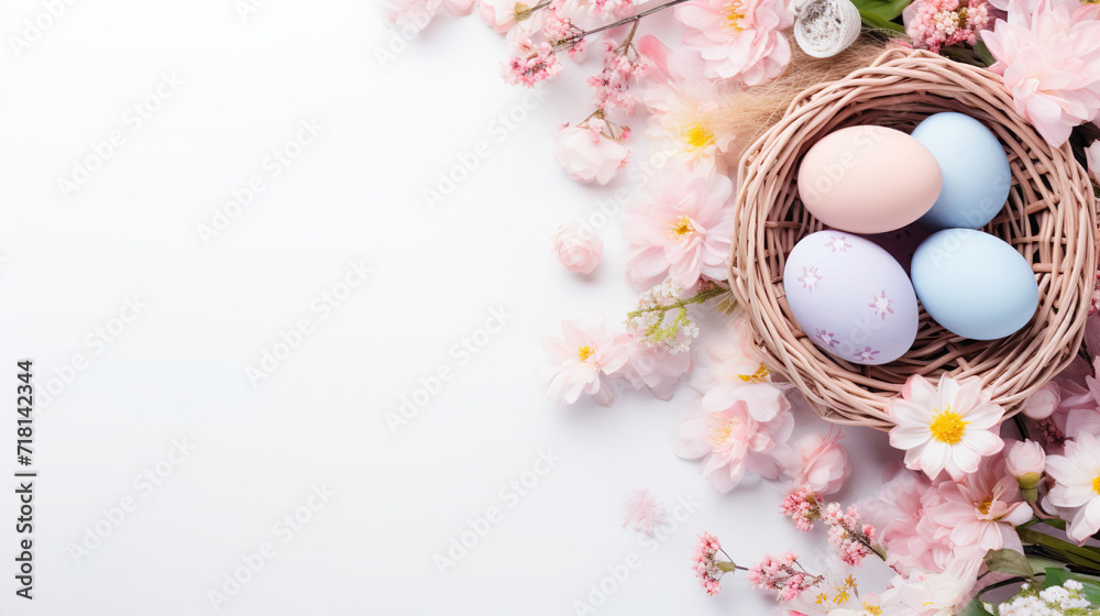 soft pastell colored easter eggs in a easter nest surrounded by flowers on a plan soft colored ground with space for text, easter background, postcard soft pastell colored easter eggs in a easter nest surrounded by flowers on a plan soft colored ground with space for text, easter background, postcard