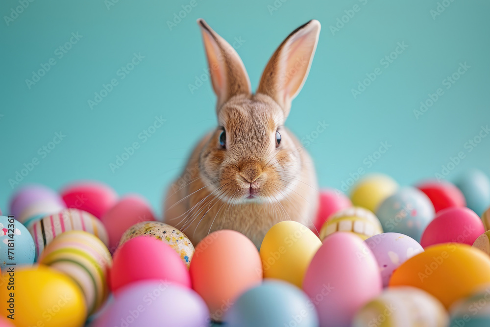 An adorable Easter bunny surrounded by colorful eggs