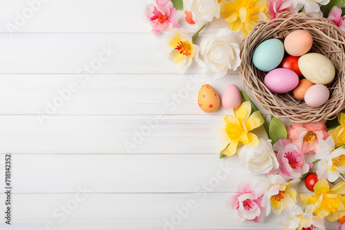 soft pastell colored easter eggs in a easter nest surrounded by flowers on white wooden ground with space for text, easter background, postcard
