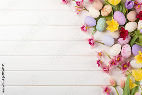 soft pastell colored easter eggs surrounded by flowers on a white wooden ground with space for text, easter background, postcard