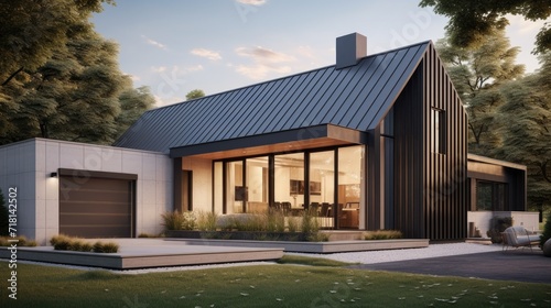 a single-family home with a prominent metal roof, highlighting its modern and durable architectural feature. photo