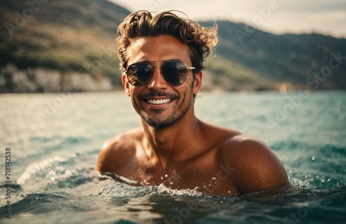 Joyful handsome smiling man with sunglasses swims in the sea © PeopleWorker