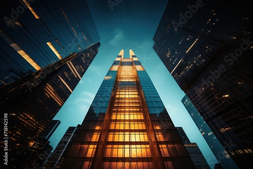 Low angle view of modern skyscrapers. Architectural Photography in City Buildings. Generative AI.