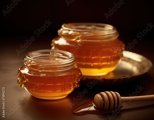 A jar containing fresh honey with a wooden dipper is decorated beside it in the photo on a black background. generative AI