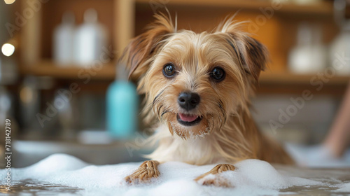 Adorable dog standing in bath and taking a shower with soap and foam. A stream of water pours on the head from above. Pet care. Funny little wet dog in bathroom. Dog takes a shower.