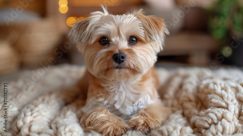 Cute Yorkshire terrier dog covered on sofa. shaggy puppy of the Yorkshire Terrier, lies on a light fluffy bedspread