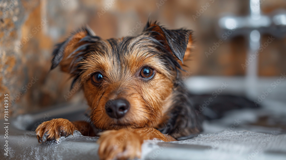 Adorable dog standing in bath and taking a shower with soap and foam. A stream of water pours on the head from above. Pet care. Funny little wet dog in bathroom. Dog takes a shower. Adorable dog standing in bath and taking a shower with soap and foam. A stream of water pours on the head from above. Pet care. Funny little wet dog in bathroom. Dog takes a shower.