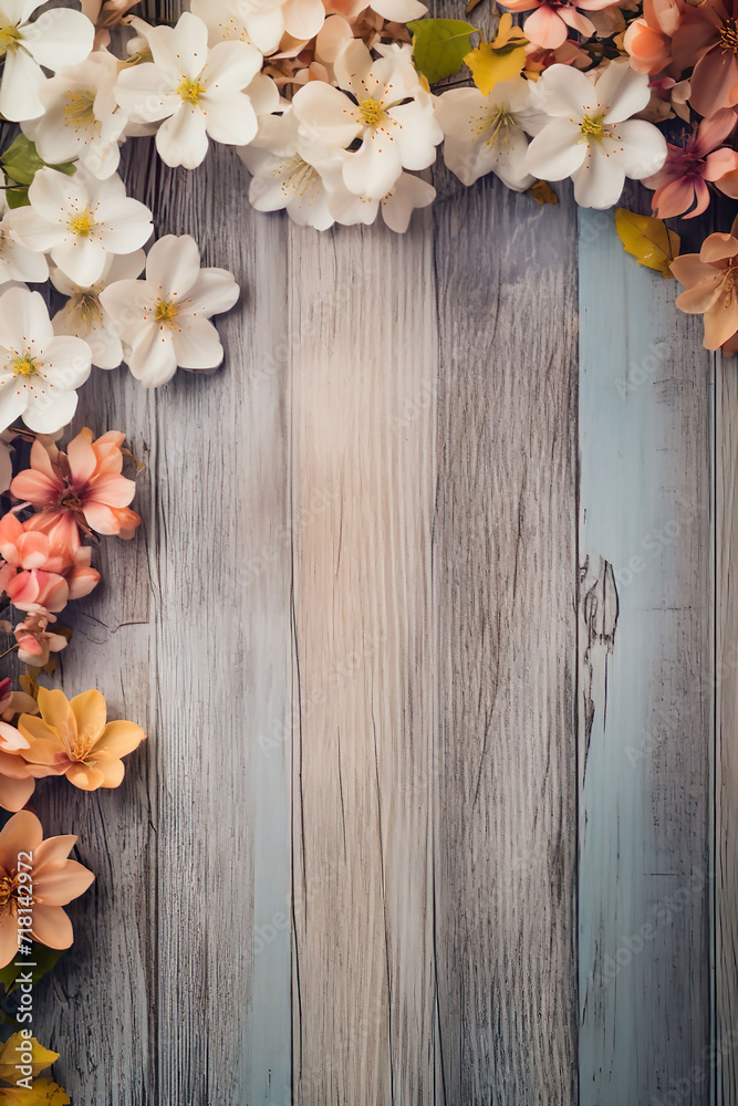 spring flowers as a border with space for text on a brown wooden ground, spring background spring flowers as a border with space for text on a brown wooden ground, spring background