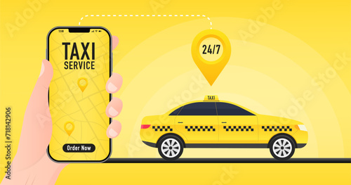 Taxi service vector cab app design flyer. Taxi mobile for UI UX website. Taxi mobile application or ordering taxi online from smartphone concept. 24 hour service. Vector illustration