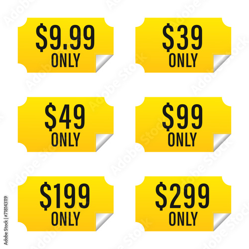 Different percent discount sticker discount price tag set. Sale badges, price sticker. Sale only at 9.99, 39, 49, 99, 199 and 299 Dollars and Cent best price. Concept discount. Vector illustration