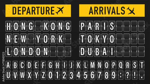 Airport flip board panel with flight info and alphabet. Equipment board message departures and arrivals flight. Flipping departure countdown. Schedule arriving for travel. Vector illustration photo