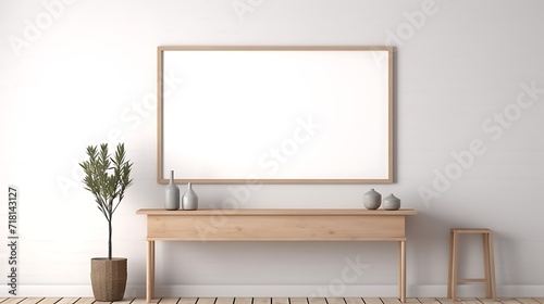 Mixed interior with a Scandinavian console table and a large Mockup poster blank frame