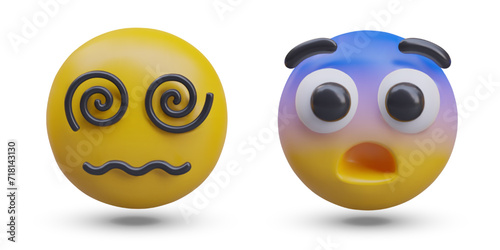 Dizzy and scared face. Ball with blue forehead, spiral eyes. Set of 3D emoticons in cartoon style. Colored heads for quick reactions in online communication