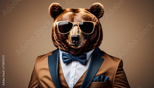 Portrait of grizzly bear in festive suit with bow tie and sun glasses on brown background
