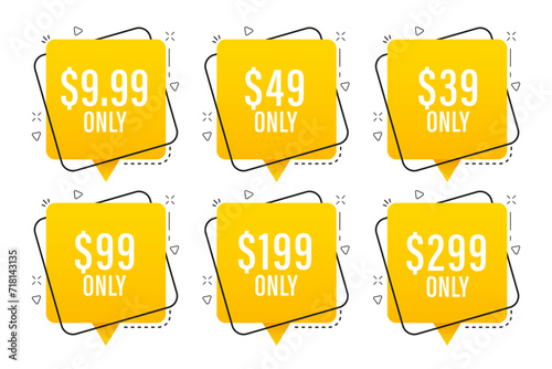 Different percent discount sticker discount price tag set. Sale badges, price sticker. Sale only at 9.99, 39, 49, 99, 199 and 299 Dollars and Cent best price. Concept discount. Vector illustration