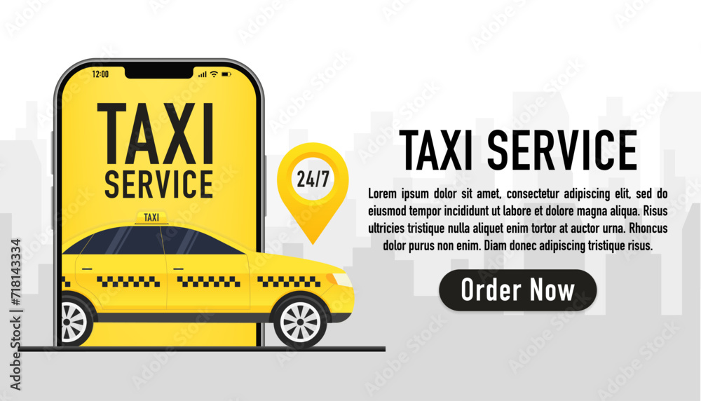 Taxi service vector cab app design flyer. Taxi mobile for UI UX website. Taxi mobile application or ordering taxi online from smartphone concept. Taxi online service banner. Vector illustration
