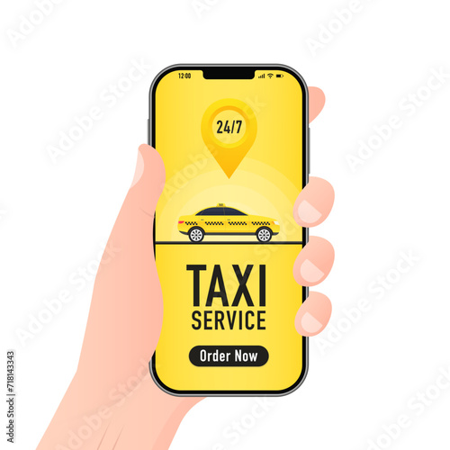 Taxi service vector cab app design flyer. Taxi mobile for UI UX website. Taxi mobile application or ordering taxi online from smartphone concept. 24 hour service. Vector illustration