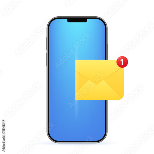 New sms or email notification on mobile phone on background. Envelope unread message from screen template. Chatting, mail, post, emblem with new notification for UI UX website. Vector illustration
