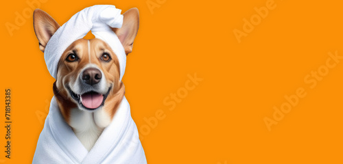 Banner with a portrait happy dog wrapped in a terry towel on a orange background with space for text or graphic design. Pet spa, dog grooming, pet grooming photo
