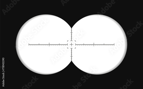 Binoculars view. Spy POV, optical binocular aim sight and telescope zoom frame. Frames for military, hunting or outdoor projects. Two circles with transparency fields. Vector illustration