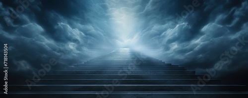 Abstract stage with light background. 3d illustration. Look at the stairs leading to the sky at sunrise, symbolizing the concept of the entrance to heaven on dark background.