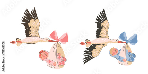 Stork birds flying with boy and girl baby, flat cartoon vector illustration isolated on a white background. Set for baby showers and birthday cards to welcome a new baby or wishes for a happy birthday