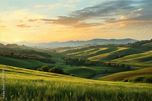 View of the meadow with sunset from the top of the beautiful mountain lanscape. green field and blue sky. Generative AI