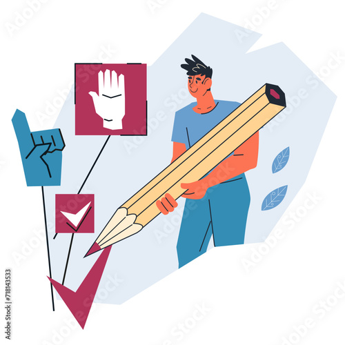 Election and democracy, referendum and poll choice event emblem design. Vote elections banner to promote civic engagement. Banner with voter participating in elections, vector illustration isolated.