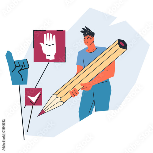 Voting in a democracy and the power of individual choice for participating in the political process. Voter in government and political elections, flat vector illustration isolated.