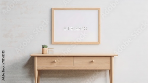 Mockup poster blank frame above a light wooden Scandinavian console table