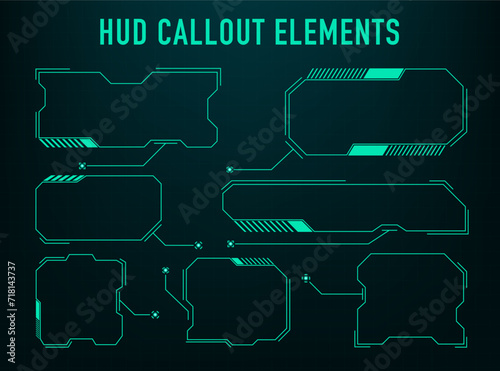 Callout screen interface in HUD style. Set of futuristic user screen interfaces. Modern digital layout of control panel. Hi-tech interface GUI and GUI element set. Vector illustration
