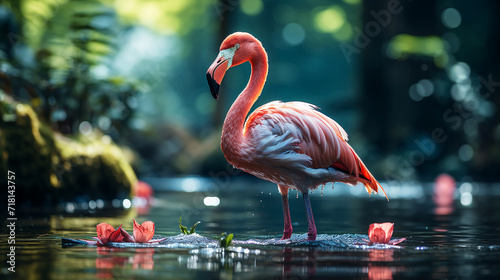 Pink flamingo walks on river in the forest