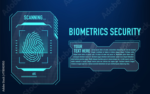 HUD digital futuristic user interface finger scan panel. Sci Fi high tech protection glowing screen. Id touching dashboard. Identity detection AI algorithms. Biometric Scanning. Vector illustration