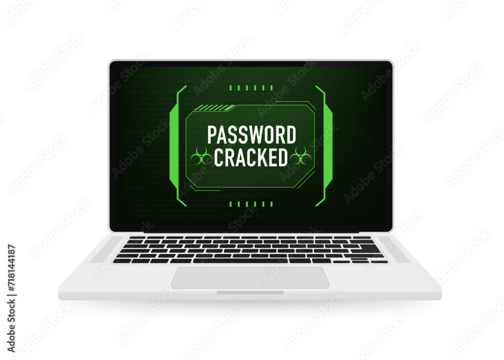 Cracking password on the laptop screen. Hacking interface screen. Modern digital layout of control panel. Code window high tech UI. Security technology background. Vector illustration Cracking password on the laptop screen. Hacking interface screen. Modern digital layout of control panel. Code window high tech UI. Security technology background. Vector illustration