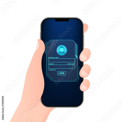 Smartphone on the screen, log in page ui design on technology futuristic interface hud background. login password user interface HUD design for security technology background. Vector illustration