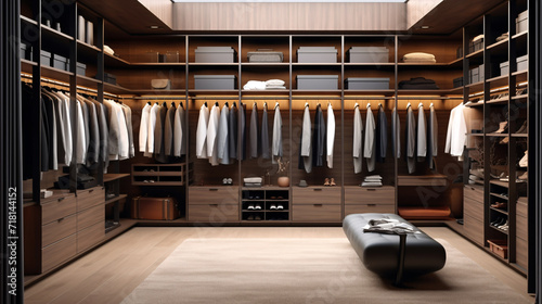 Modern luxury stylish dark brown wood walk in closet, minimal walk in wardrobe dressing room interior. photo