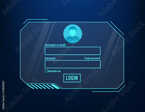 Log in page ui design on technology futuristic interface hud background. login password user interface HUD design for security technology background. Vector illustration