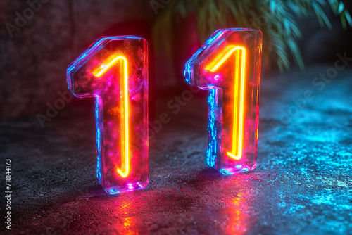 Number 11 - colorful glowing outline alphabet symbol on blue lens flare dark background photo