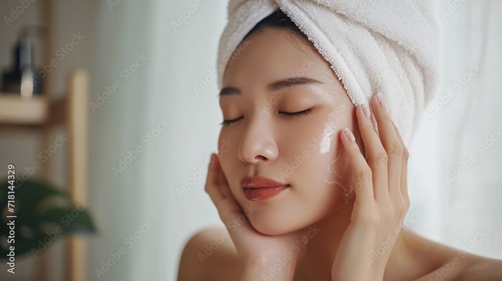 Woman Applying Facial Skincare Treatment, A serene young woman with a towel on her head applies a pink facial mask for a skincare routine.
Woman Applying Facial Skincare Treatment, A serene young woman with a towel on her head applies a pink facial mask for a skincare routine.