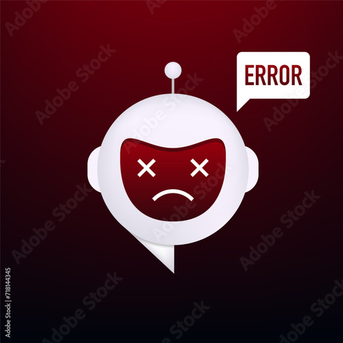 Chatbot error. Chat Bot neural network, Program failure, hacker attack. AI with virus or code mistakes. Robot assistant for customer support Of Website Or Mobile Applications. Vector illustration
