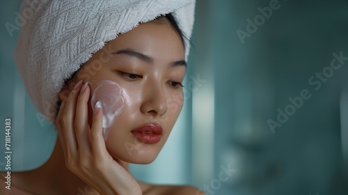 Woman Applying Facial Skincare Treatment  A serene young woman with a towel on her head applies a pink facial mask for a skincare routine.  