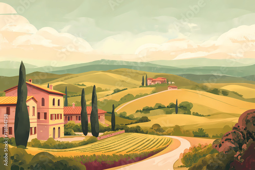 A tranquil Tuscan landscape at sunset, with rolling hills, a traditional farmhouse, and tall cypress trees in soft pastel hues. Generative AI