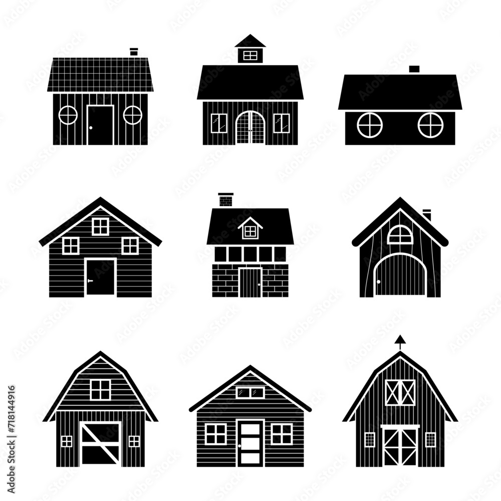 Set of silhouette barn farm and house buildings icon design vector illustration